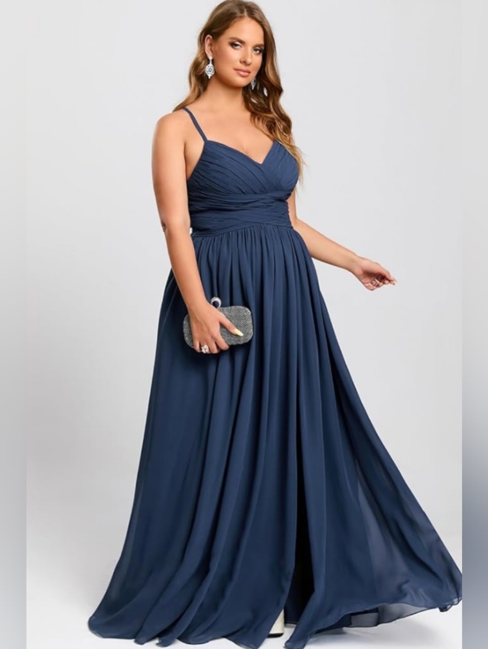 Navy V-Neck Chiffon A-Line Evening Dress